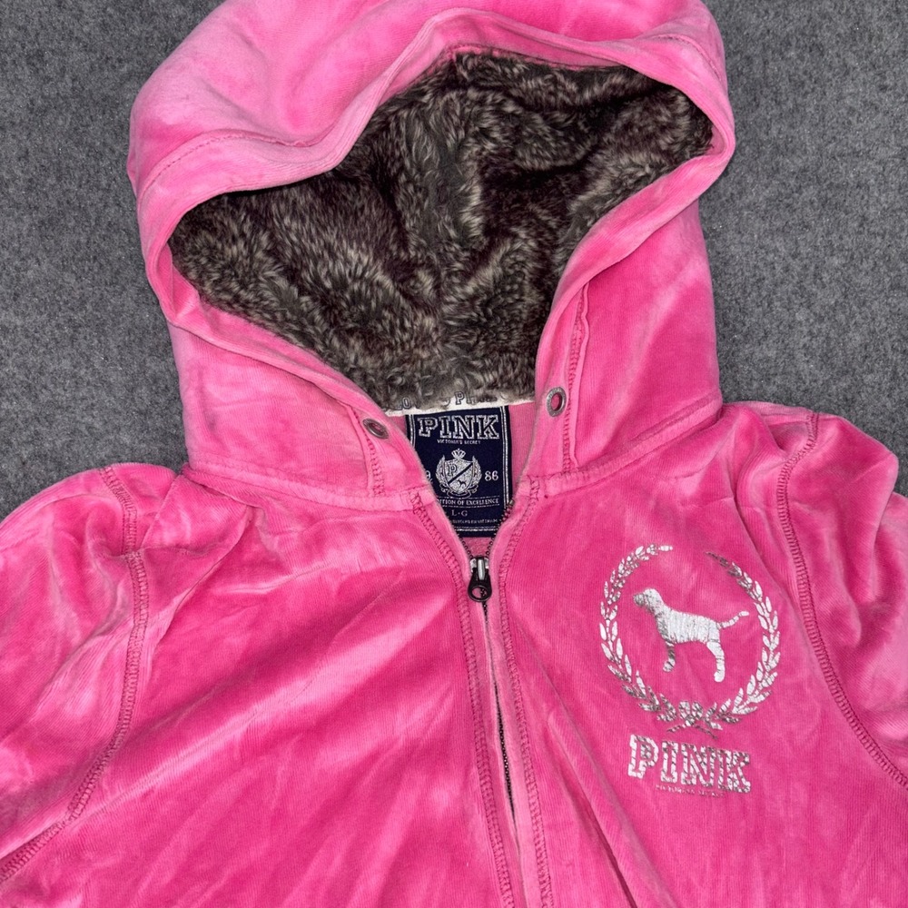 Pink Victoria's Secret Hoodie Women Large Pink Velour Faux Fur Lined Y2K Zip Up